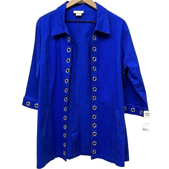 Tia Vtg Eyelet Jacket Size Large Electric Blue Rhinestone Embellished 80s 90s - Picture 1 of 9